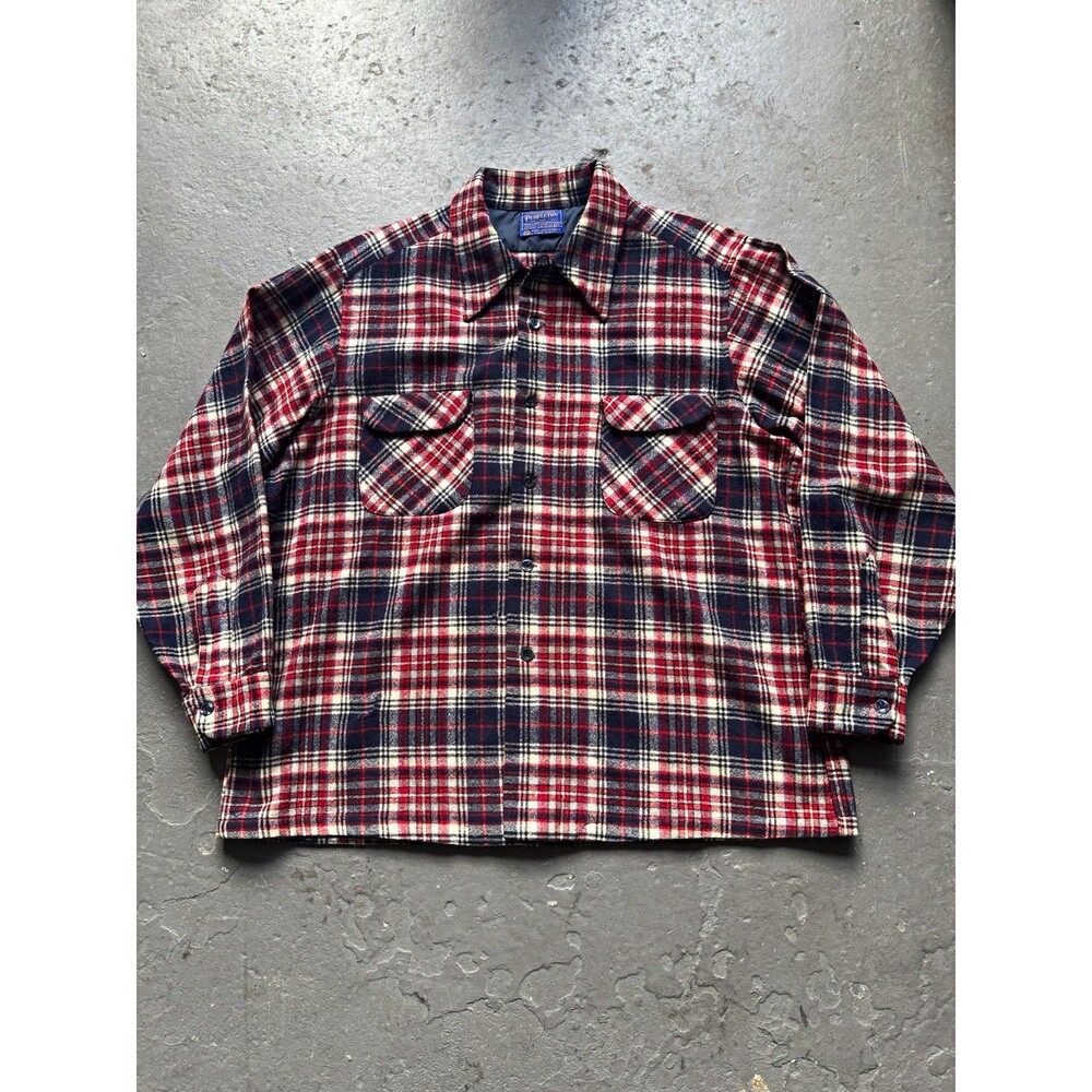 Vintage 60s Pendleton Men’s XL Plaid Wool Flannel Board Shirt Red Navy